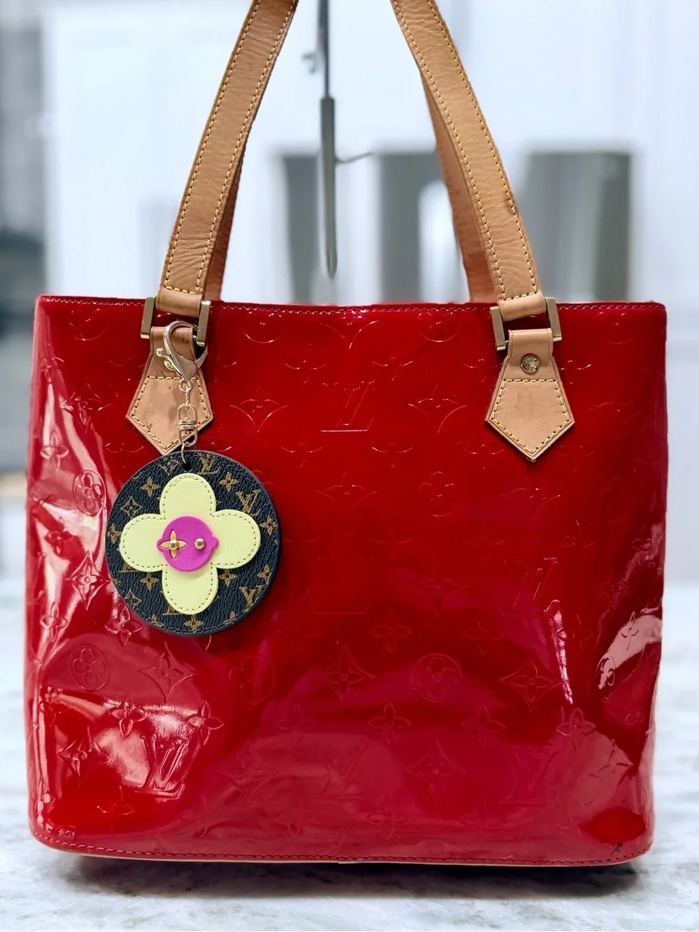Louis Vuitton Authentic Red Patent Tote Bag with Leather Handless/Trim